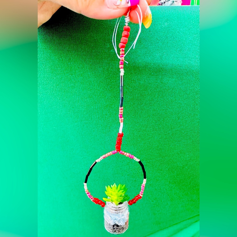 🚗🌱HANDMADE Beaded Car Charm with Faux Plant🌱🚗